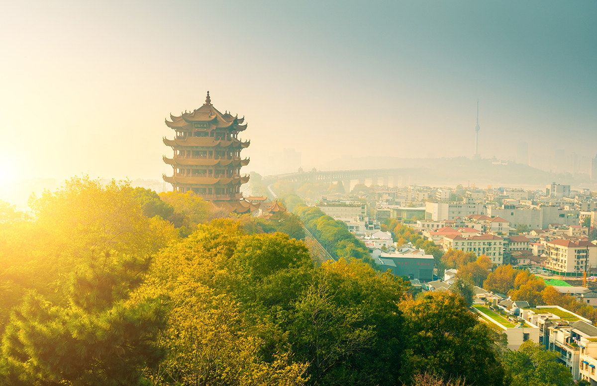 Yellow crane tower at sunset in Wuhan city